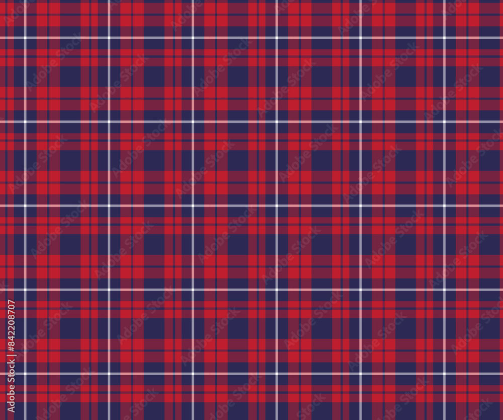 Plaid pattern, red, blue, white, seamless for textiles, and for designing clothing, skirts, pants or decorative fabric. Vector illustration. Plaid pattern, red, blue, white, seamless for textiles, and for designing clothing, skirts, pants or decorative fabric. Vector illustration.