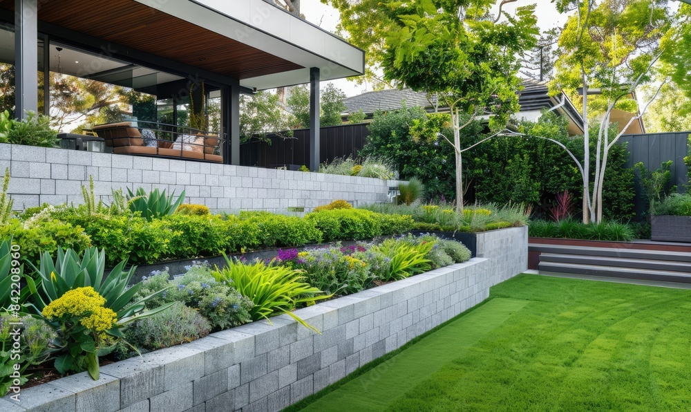 A garden with a terrace and a lawn, in front of a modern house A garden with a terrace and a lawn, in front of a modern house