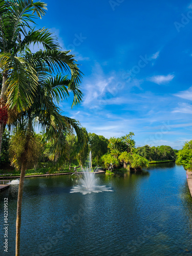 Fresh water from Dragonfly Lake in Gardens by the Bay, Singapore. Green view and a blue sky background.