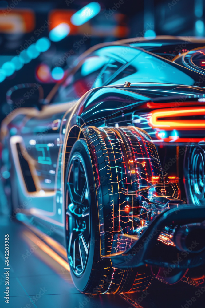 A sleek car with part of it in digital form, showcasing internal components A sleek car with part of it in digital form, showcasing internal components