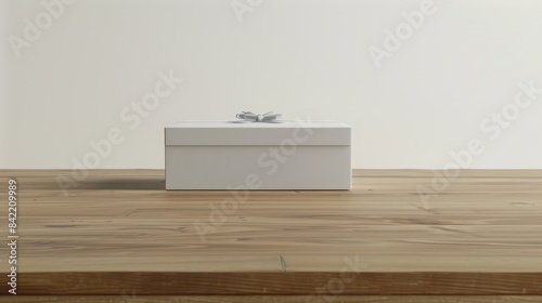 Gift parcel box with ribbon on wooden board.