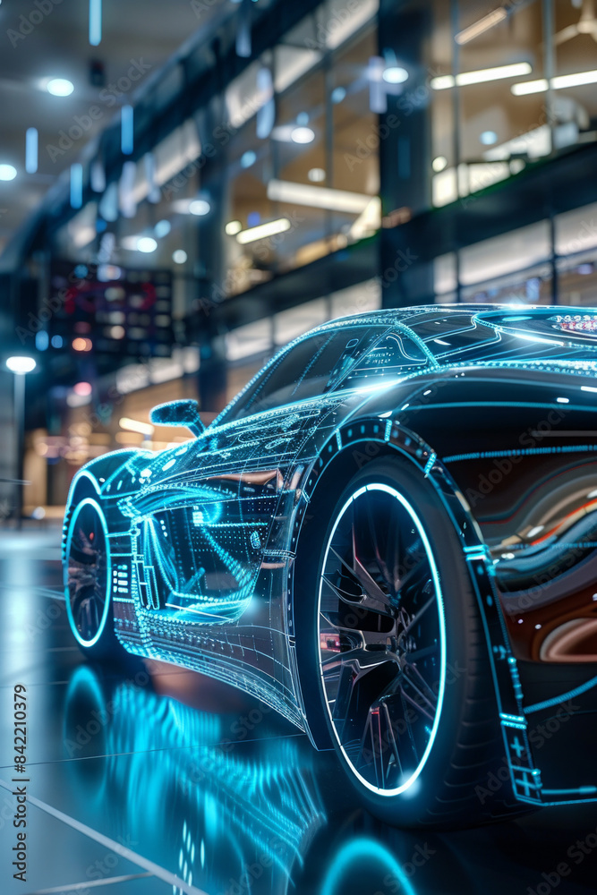 A sleek car with part of it in digital form, showcasing internal components A sleek car with part of it in digital form, showcasing internal components