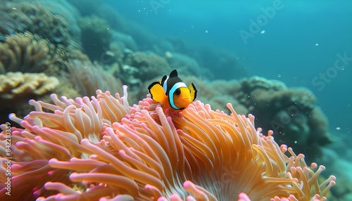 Clown Fish on Great Barrier Reef. Swimming through pink anemone.