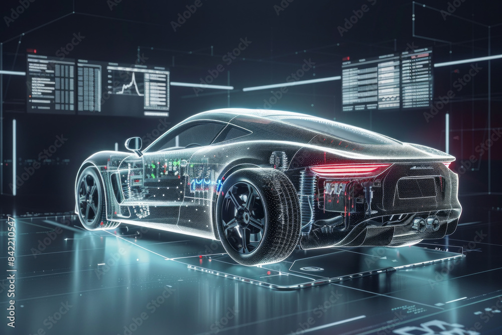 A sleek car with part of it in digital form, showcasing internal components A sleek car with part of it in digital form, showcasing internal components