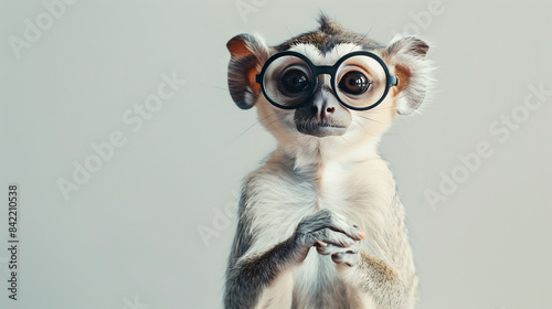 A happy and funny animal wearing glasses, posing with folded hands on a solid white background. Keywords: Animal portrait, Cute expression, Funny pose, Smiling animal,