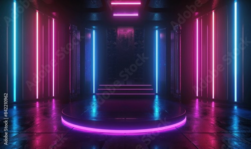 Mysterious Neon Lights Illuminating Stairway in Dark Room  Futuristic Artistic Composition with Travel and Business Concepts