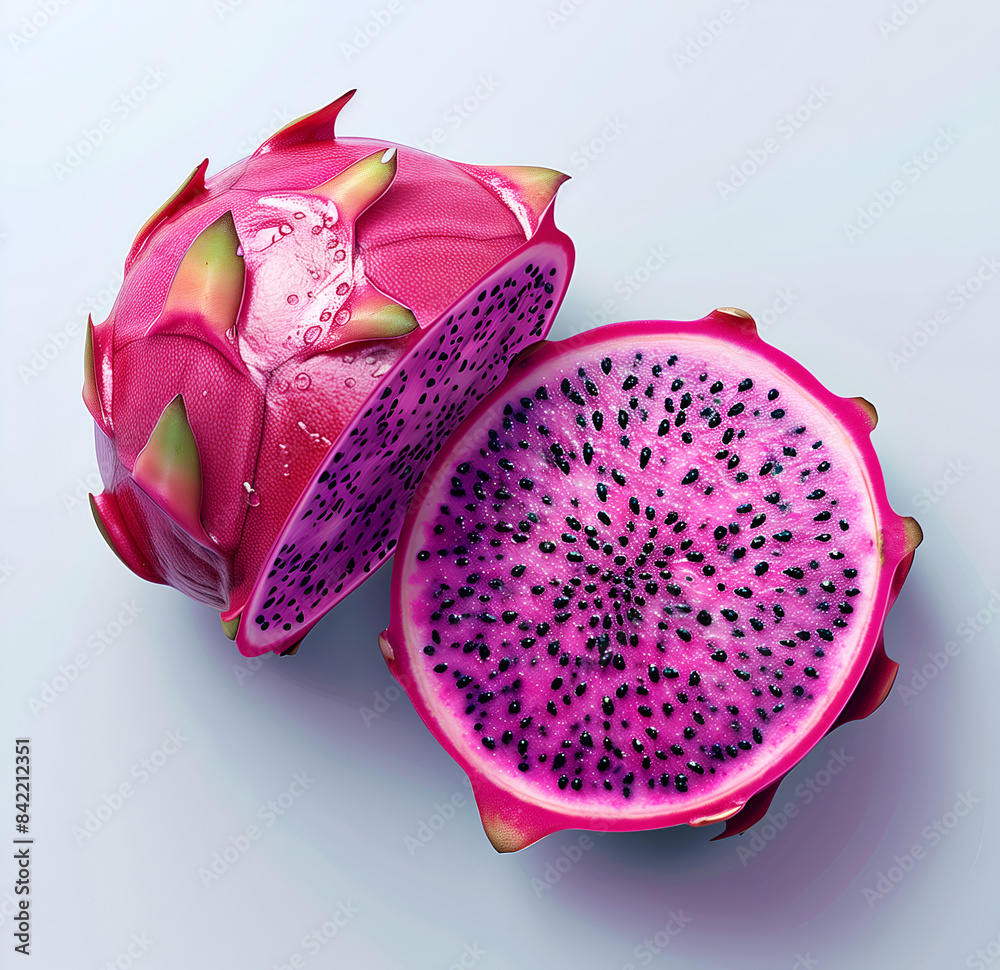 dragon fruit on white background, cut in half and whole dragon fruit on white background, cut in half and whole