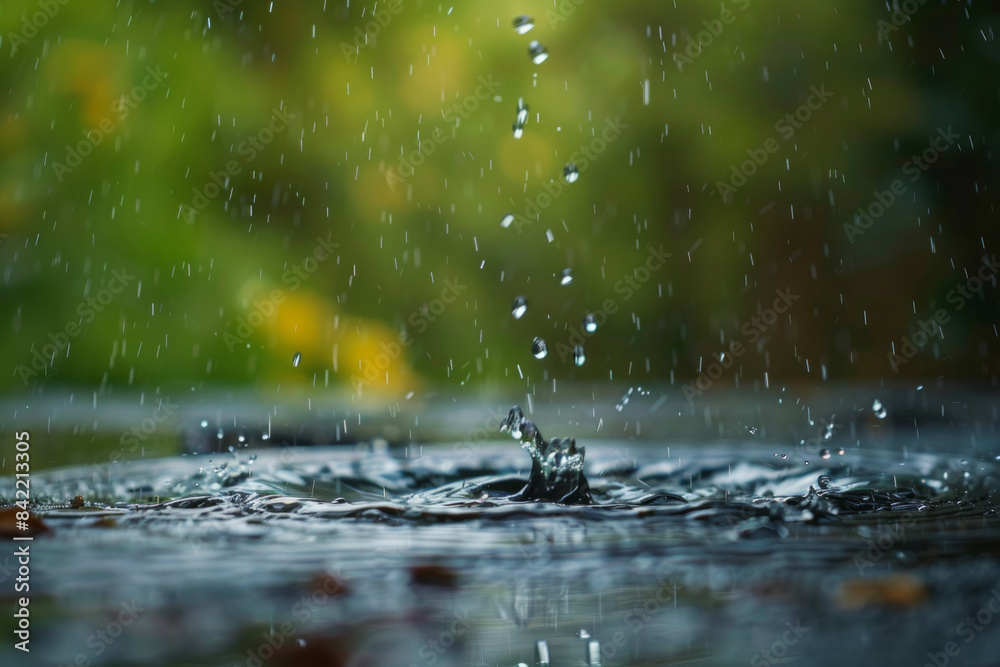 A close-up of a raindrop falling into the lake, with the droplet in focus and the background creating a motion blur. A close-up of a raindrop falling into the lake, with the droplet in focus and the background creating a motion blur.