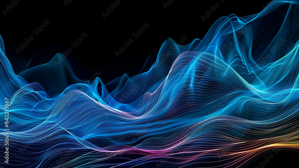 Bright blue wave pattern flowing in dark space, AI Generative
