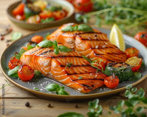 Grilled salmon fillets with cherry tomatoes, fresh herbs, and lemon slices on a plate, garnished with sesame seeds and served on a rustic wooden table