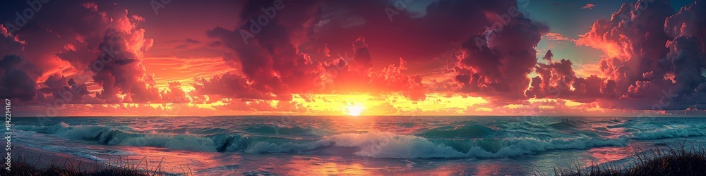 Breathtaking Sunset Over Ocean with Vibrant Skies and Dramatic Clouds, Highlighting Stunning Coastal Beauty and Serene Seascape