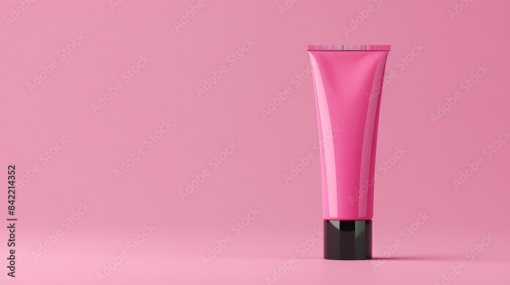 Elevate your brand: Pink minimalist cosmetic tube with black cap on pink background, a perfect packaging mockup for your design Elevate your brand: Pink minimalist cosmetic tube with black cap on pink background, a perfect packaging mockup for your design