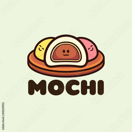 Three mochi with smiley faces and different color cartoon characters and cute mascot illustration logo template vector design