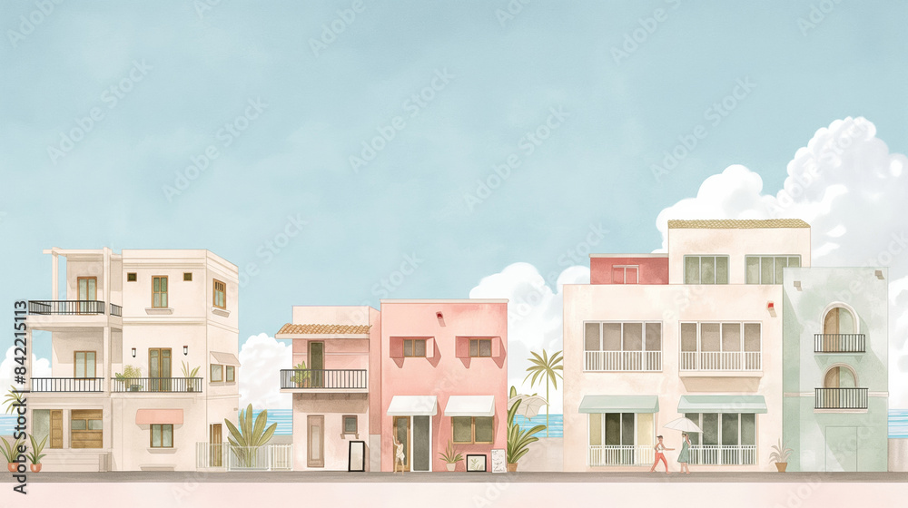 Watercolor illustration of beachfront houses under a blue sky. Watercolor illustration of beachfront houses under a blue sky.