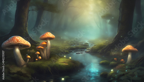 A magical forest with glittering fungus and a babbl_esrgan photo