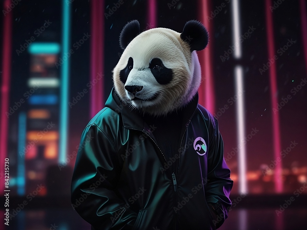 A sleek and stylish panda with a glossy, jet-black coat strikes a pose against a backdrop of swirling neon lights.
A sleek and stylish panda with a glossy, jet-black coat strikes a pose against a backdrop of swirling neon lights.