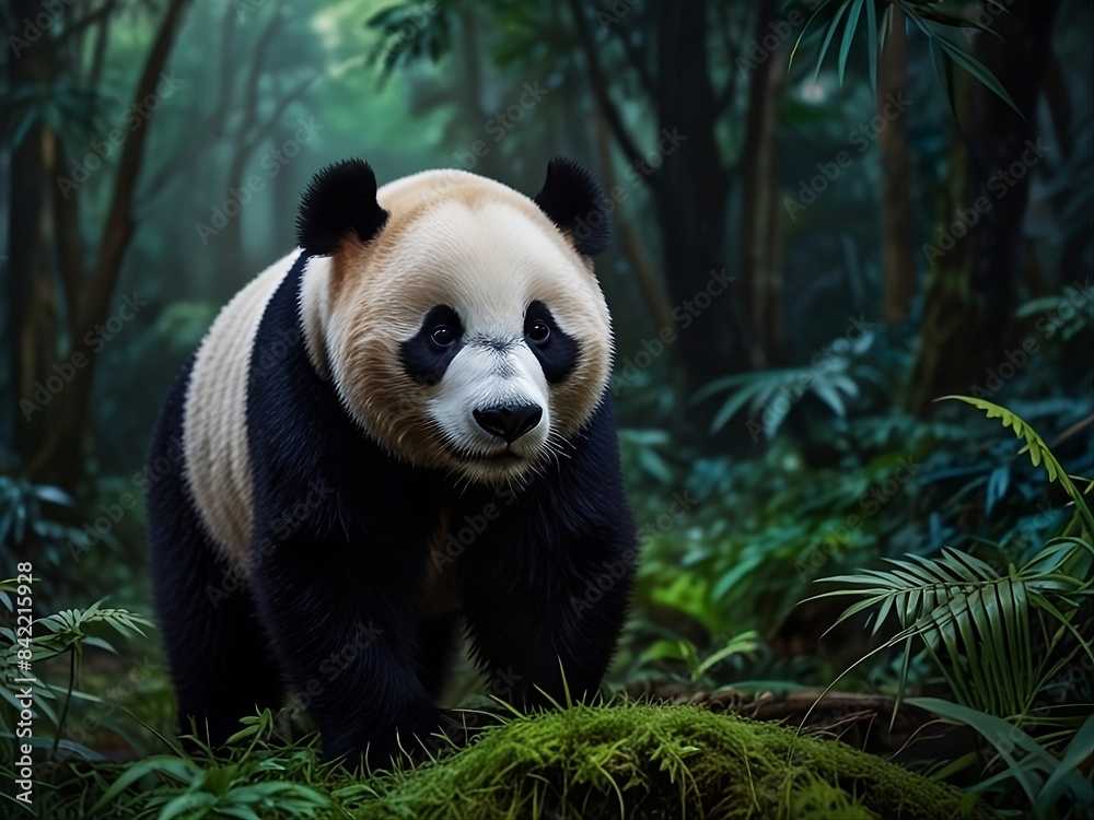 Fototapeta premium A giant panda in dark and mysterious forest.