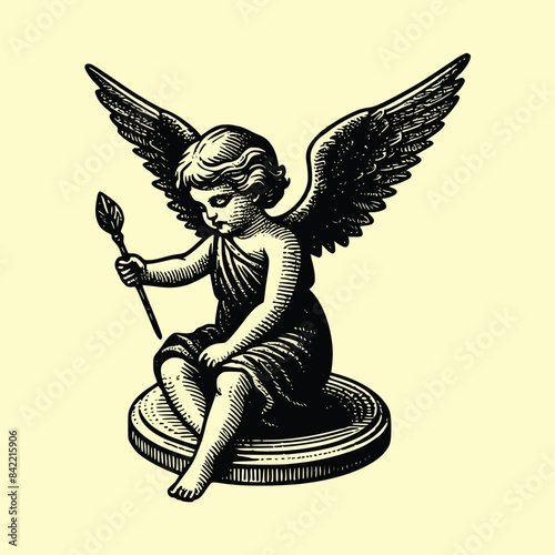 baby with wings old engraving vector style, baby vector illustration retro vintage handwriten style