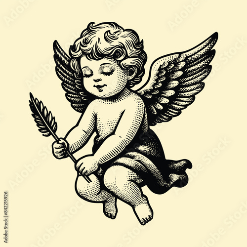 baby with wings old engraving vector style, baby vector illustration retro vintage handwriten style
