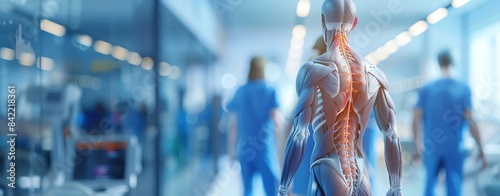 3D rendering of a human back showing the muscle system and spine in a medical clinic setting, with a blurred background photo
