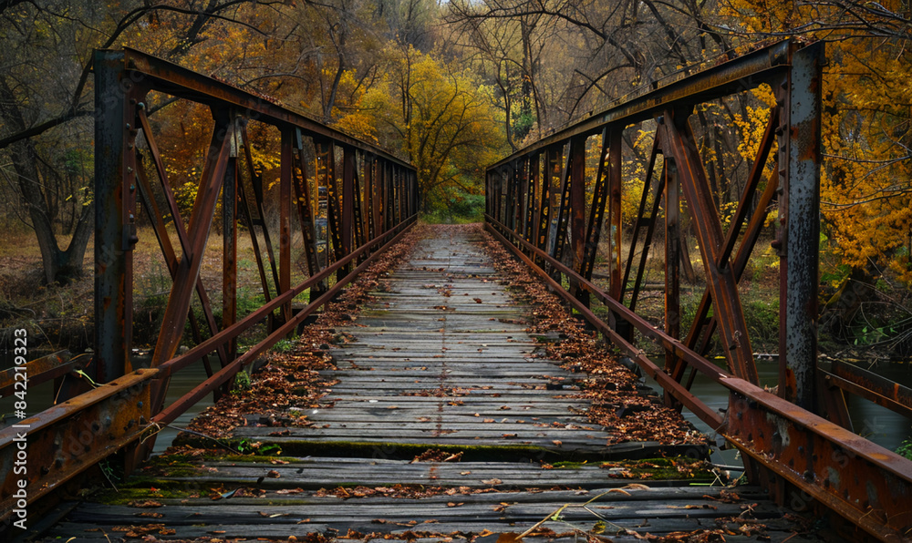 A rusty iron bridge across a narrow river, AI Generative. A rusty iron bridge across a narrow river, AI Generative.