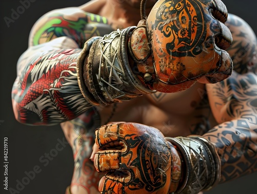Muscular Fighter Wrapping Hands with Muay Thai Gloves in Dark Studio Setting