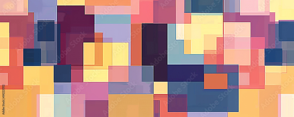 An abstract grid of squares and rectangles in various sizes and sixties-inspired colors, arranged in a harmonious pattern.