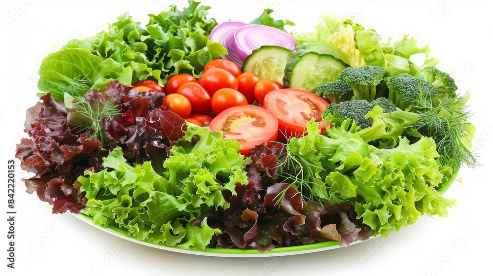 A colorful salad bowl filled with fresh vegetables, leafy greens, and a light vinaigrette, representing a healthy food choice A colorful salad bowl filled with fresh vegetables, leafy greens, and a light vinaigrette, representing a healthy food choice
