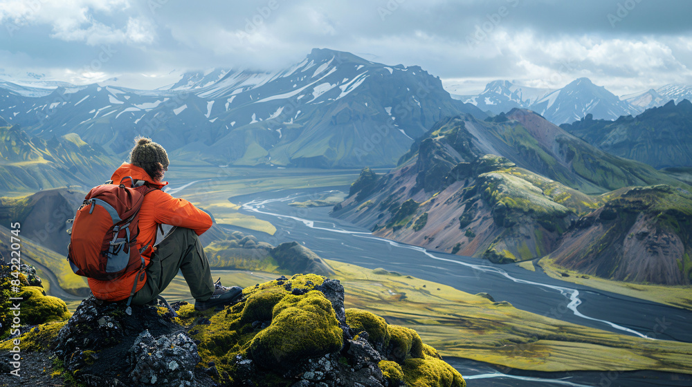 Relaxing time on a ledge of a mountain enjoying