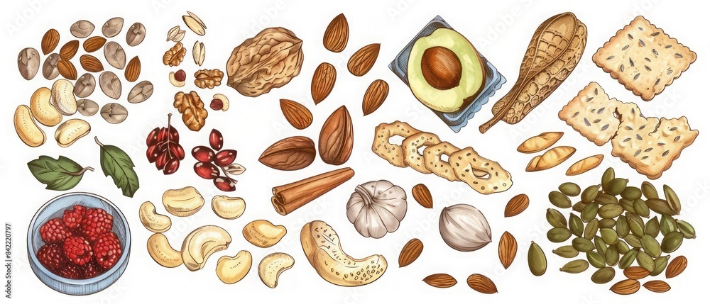 A handdrawn set of healthy snacks, including nuts, seeds, and dried fruits, perfect for a nutritious onthego option A handdrawn set of healthy snacks, including nuts, seeds, and dried fruits, perfect for a nutritious onthego option