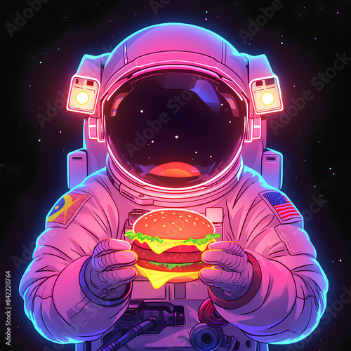 Astronaut Eating Burger with neon effect