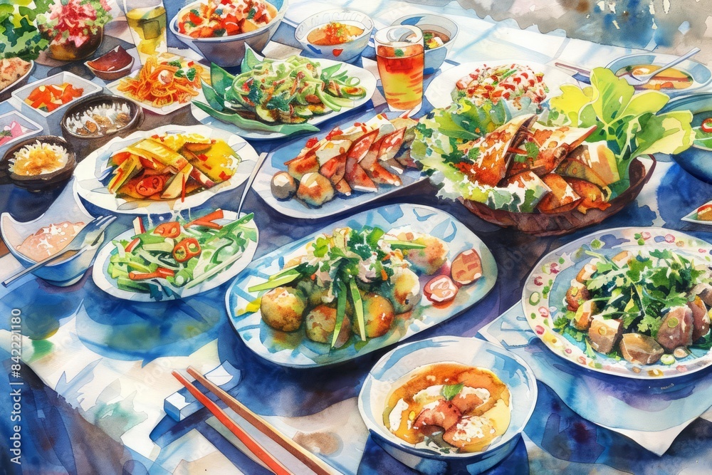 A picturesque watercolor of a table set with various Thai dishes, each plate artistically arranged and brimming with flavors
