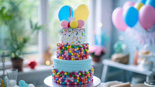 Tiered birthday cake decorated with balloons