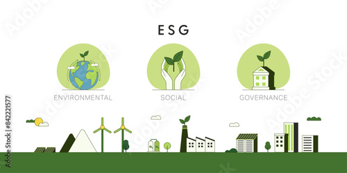 ESG as environmental, social and governance concept.Sustainable of Green ecology and alternative renewable energy. Flat Vector illustration.