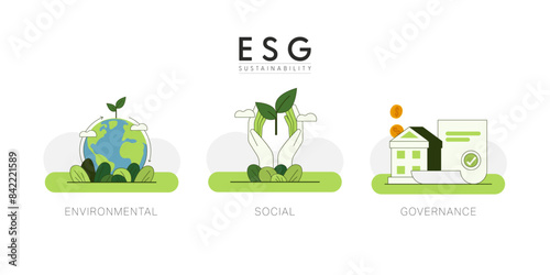 Sustainable of Green ecology and environment concept. ESG as environmental, social and governance concept. Flat Vector illustration.