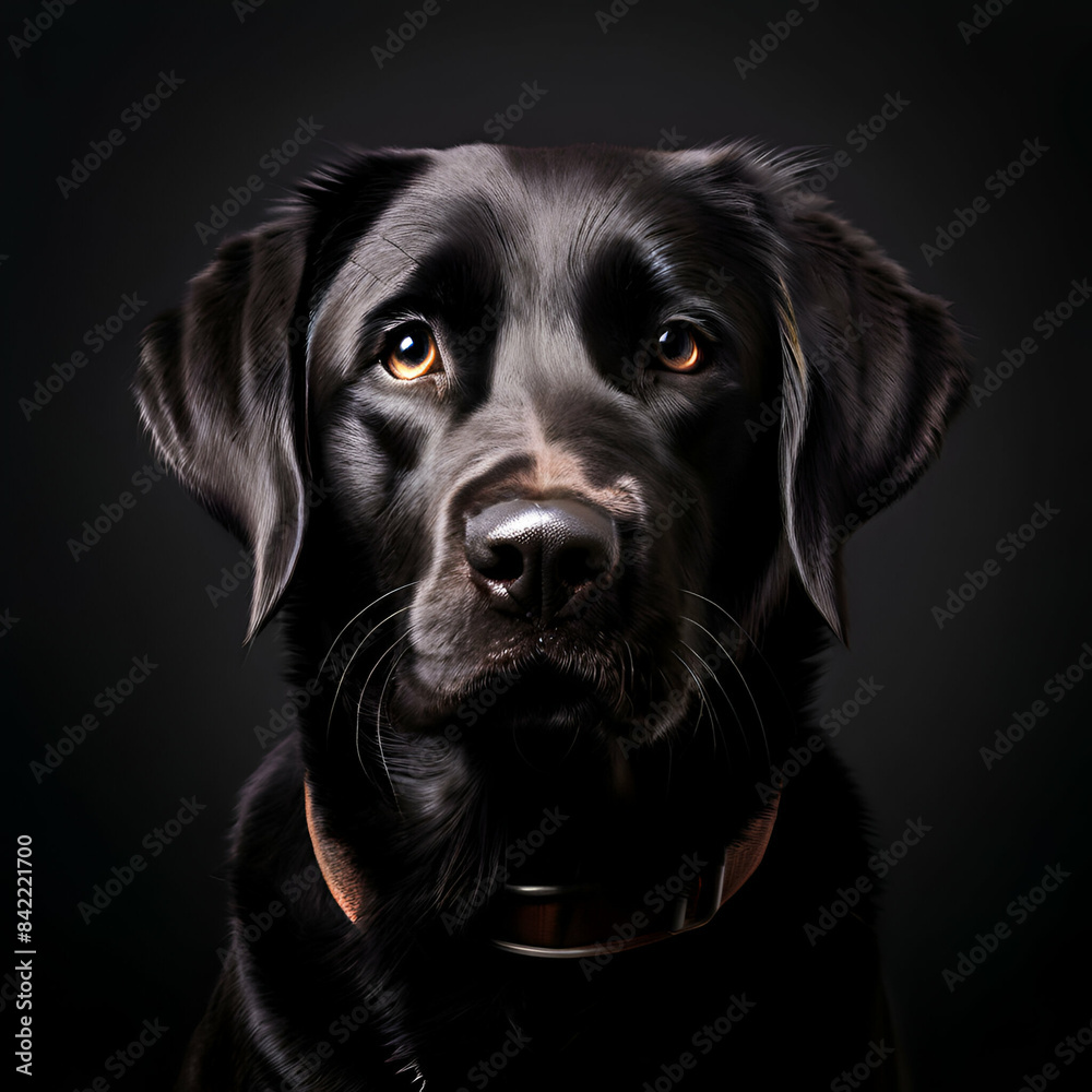 Dark muzzle labrador dog and cat scottish Portrait Of A Cat With Yellow Eyes on a black background ,generate ai Dark muzzle labrador dog and cat scottish Portrait Of A Cat With Yellow Eyes on a black background ,generate ai