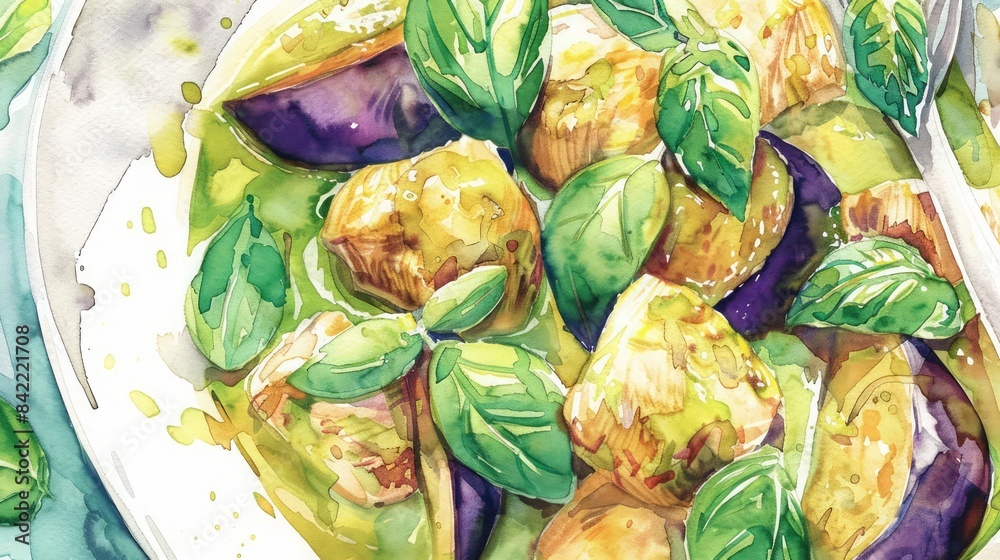 A soft watercolor illustration of green curry, featuring tender chicken pieces, eggplant, and fresh basil leaves in a rich green sauce A soft watercolor illustration of green curry, featuring tender chicken pieces, eggplant, and fresh basil leaves in a rich green sauce