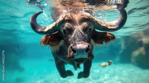 Hilarious underwater scene buffalo in pool plays deep dive action, Ai Generated. photo