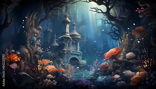 Underwater scene with fishes and castle in the sea. 3d illustration photo