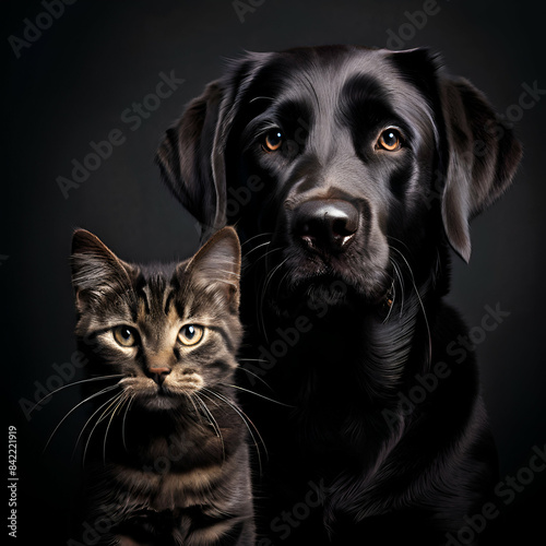 Dark muzzle labrador dog and cat scottish Portrait Of A Cat With Yellow Eyes on a black background ,generate ai