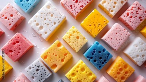 Colorful cleaning sponges in a tidy arrangement with water drops, top view. Household cleanliness and hygiene concept