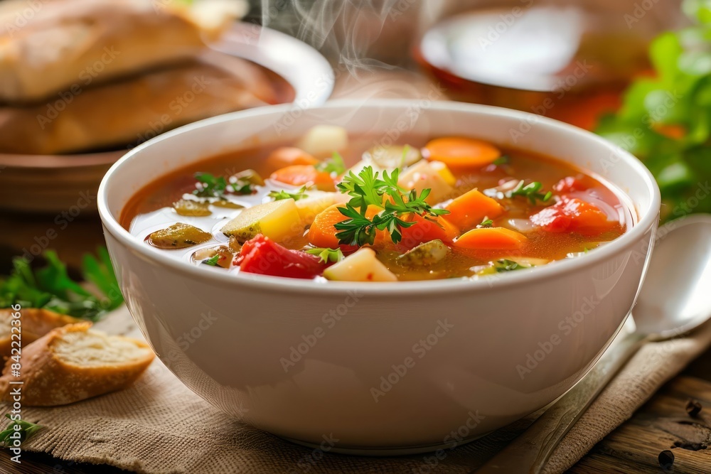 An inviting bowl of vegetable soup garnished with herbs, accompanied by a steaming cup of herbal tea, creates a comforting meal An inviting bowl of vegetable soup garnished with herbs, accompanied by a steaming cup of herbal tea, creates a comforting meal
