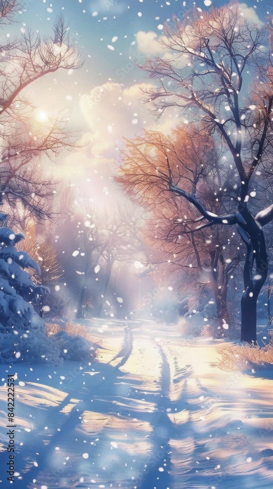 Naklejka premium Snowy Trees Under Atmospheric Sky