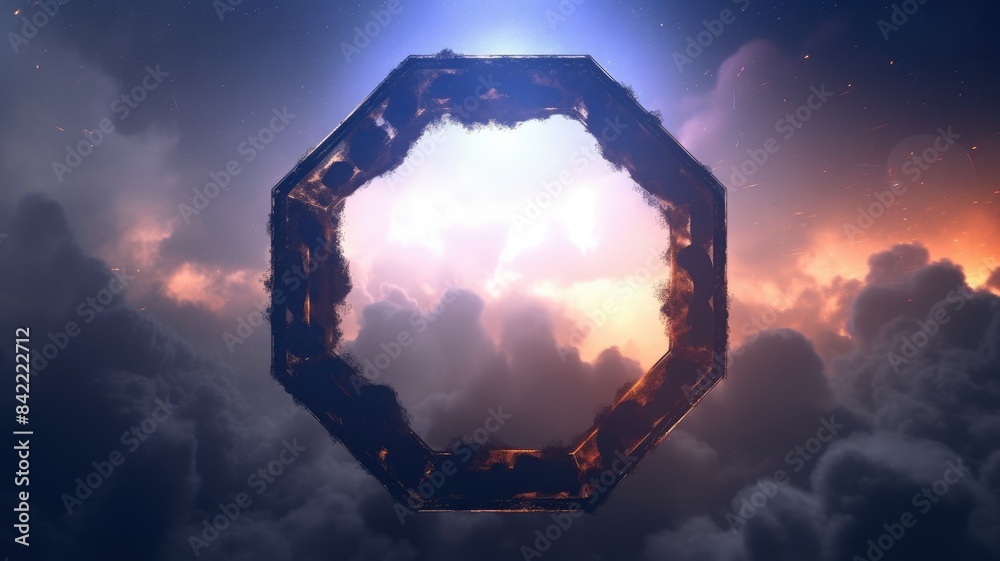 Glowing hexagonal frame in the clouds. Digital art with fiery effect and dark sky. Sci-fi and fantasy concept. Futuristic portal in hexagon shape surrounded with smoke. Design for wallpaper. AIG35.