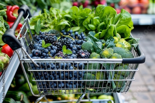 Shopping cart filled with food like leafy greens, berries, and whole grains, promoting the benefits of a nutritious grocery haul