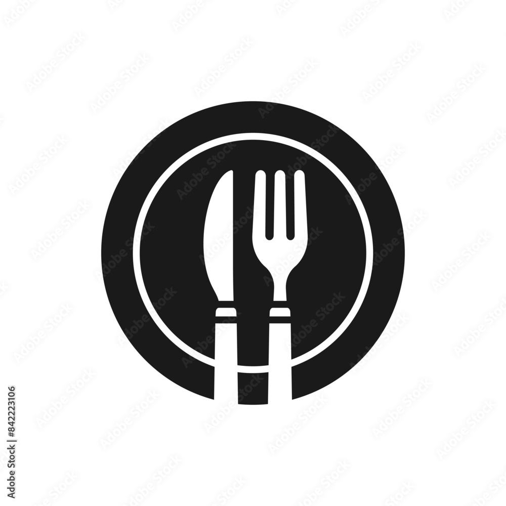 Fork and knife on a plate. Eat icon flat style isolated on white background. Vector illustration