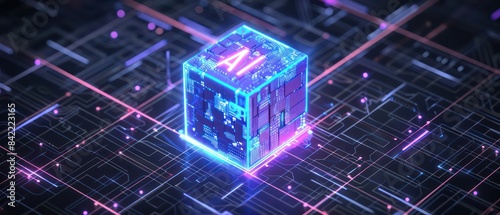 AI blue and purple glowing cube of data of dark gray computer chips, with the background being black grid lines