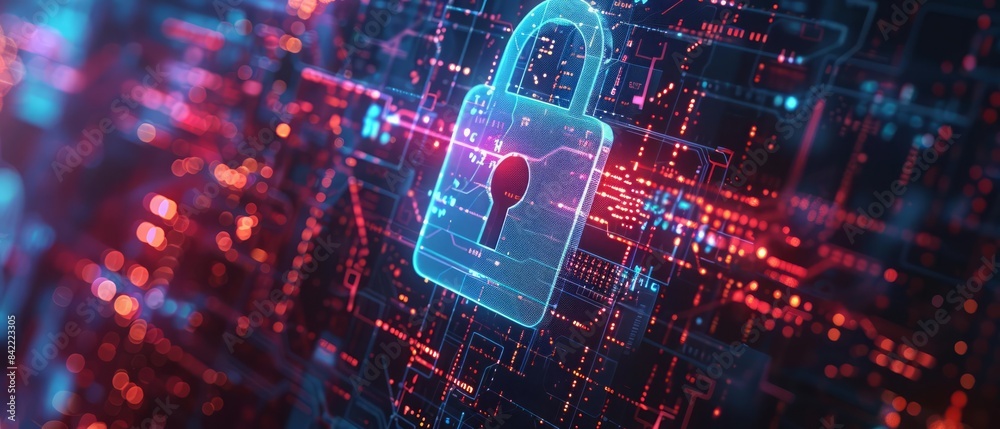 Fototapeta premium The digital screen features a lock, symbolizing the protection of digital data and the secure network maintained by cybersecurity measures