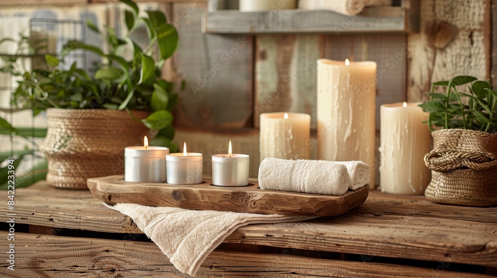 Cozy Spa Ambiance with Candles and Towels Cozy Spa Ambiance with Candles and Towels