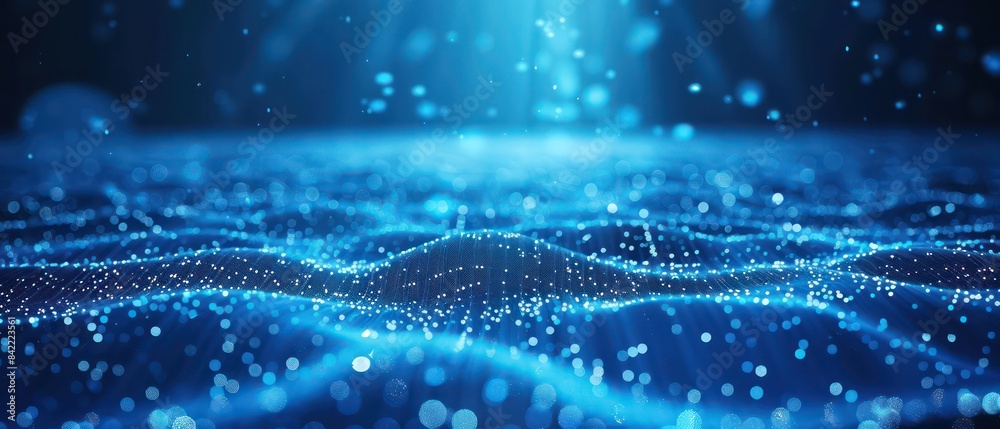 blue glowing digital background with an abstract grid of dots and lines ...